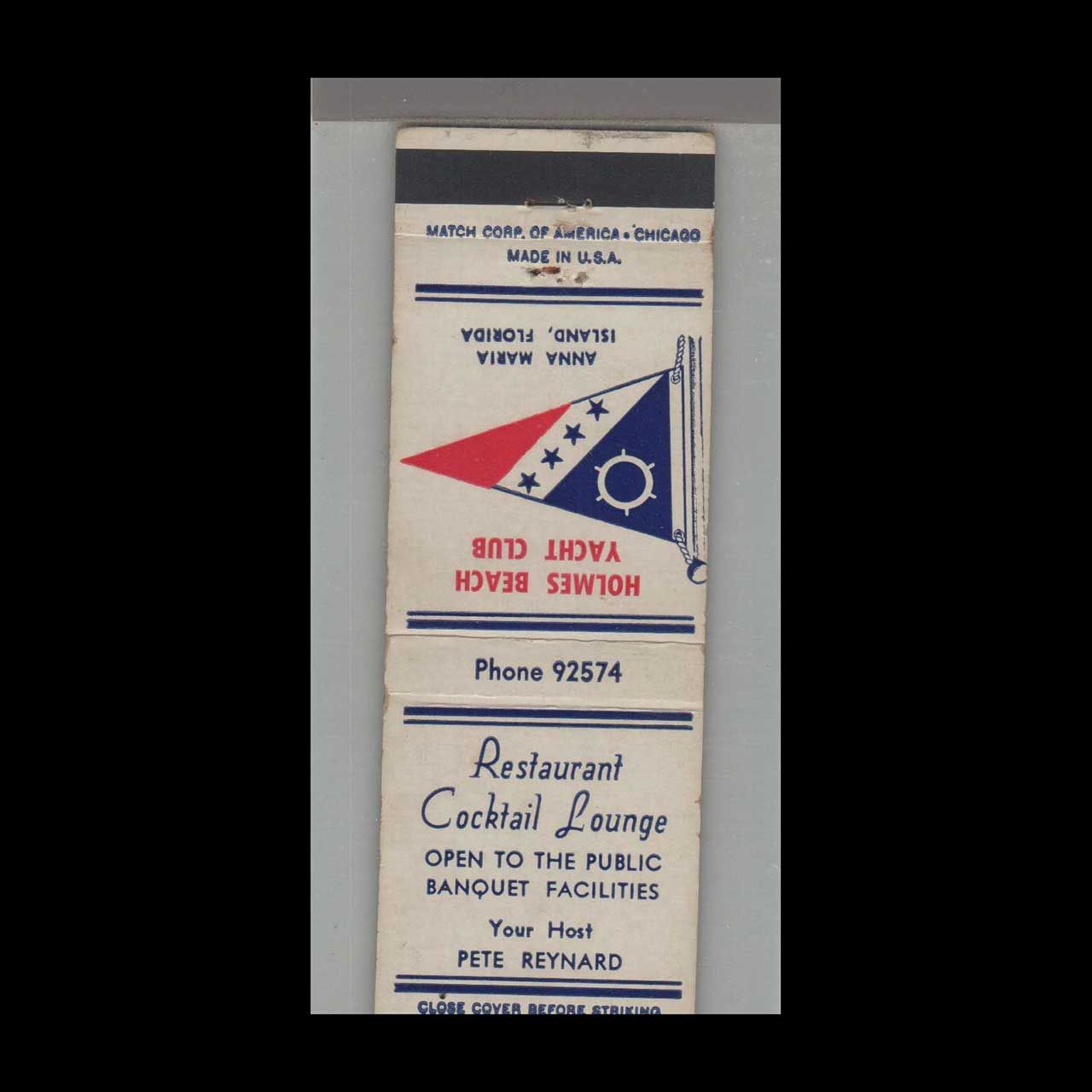 Holmes Beach Yacht Club Anna Maria Island, FL Vintage Matchbook Advertising Cover