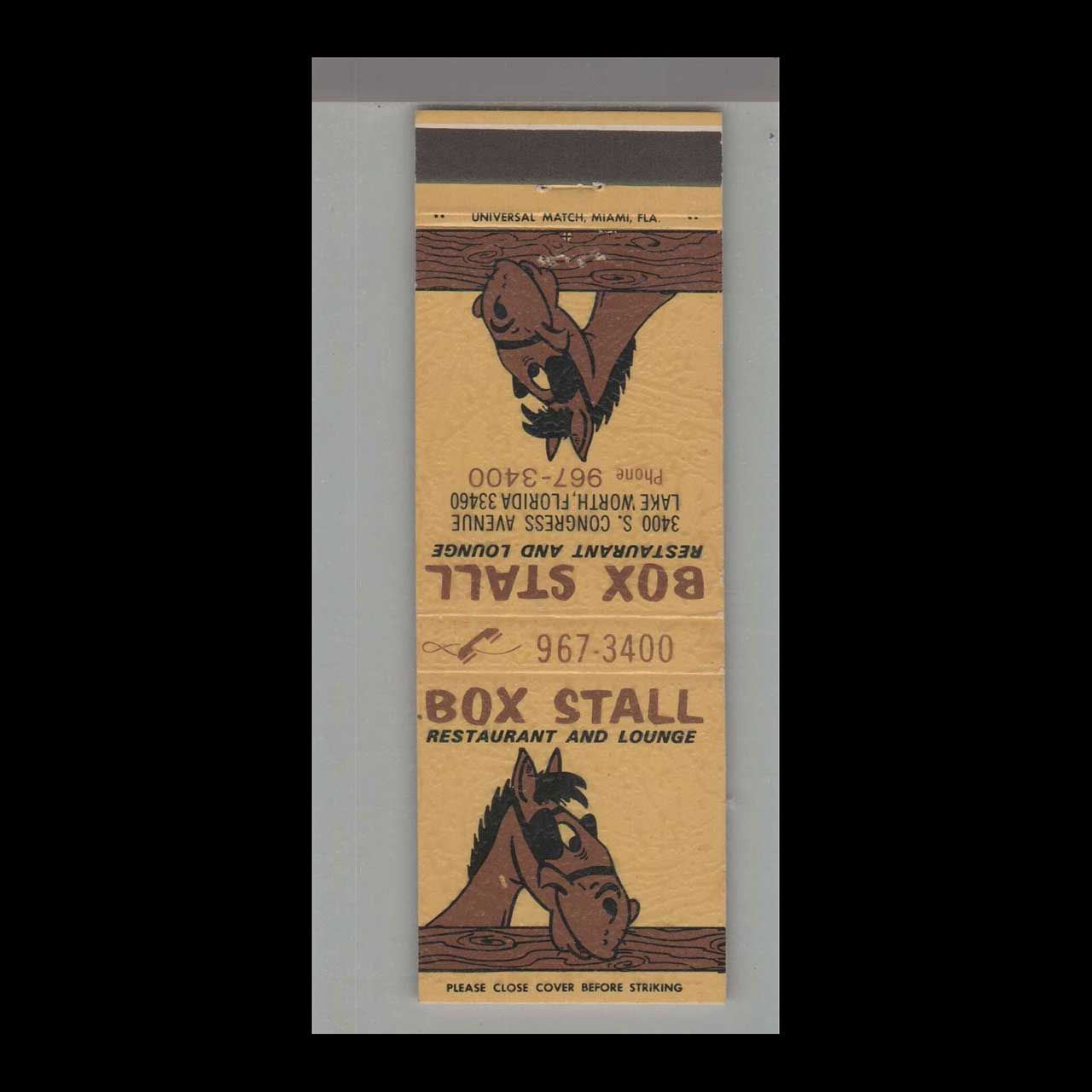 Box Stall Restaurant &amp; Lounge Lake Worth, FL Vintage Matchbook Advertising Cover