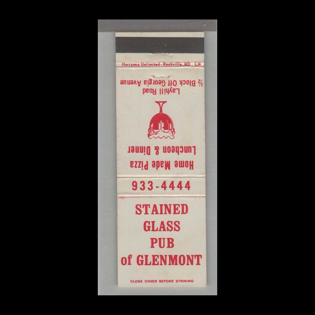 Pizza Place - Stained Glass Pub Glenmont, MD Vintage Matchbook Advertising Cover