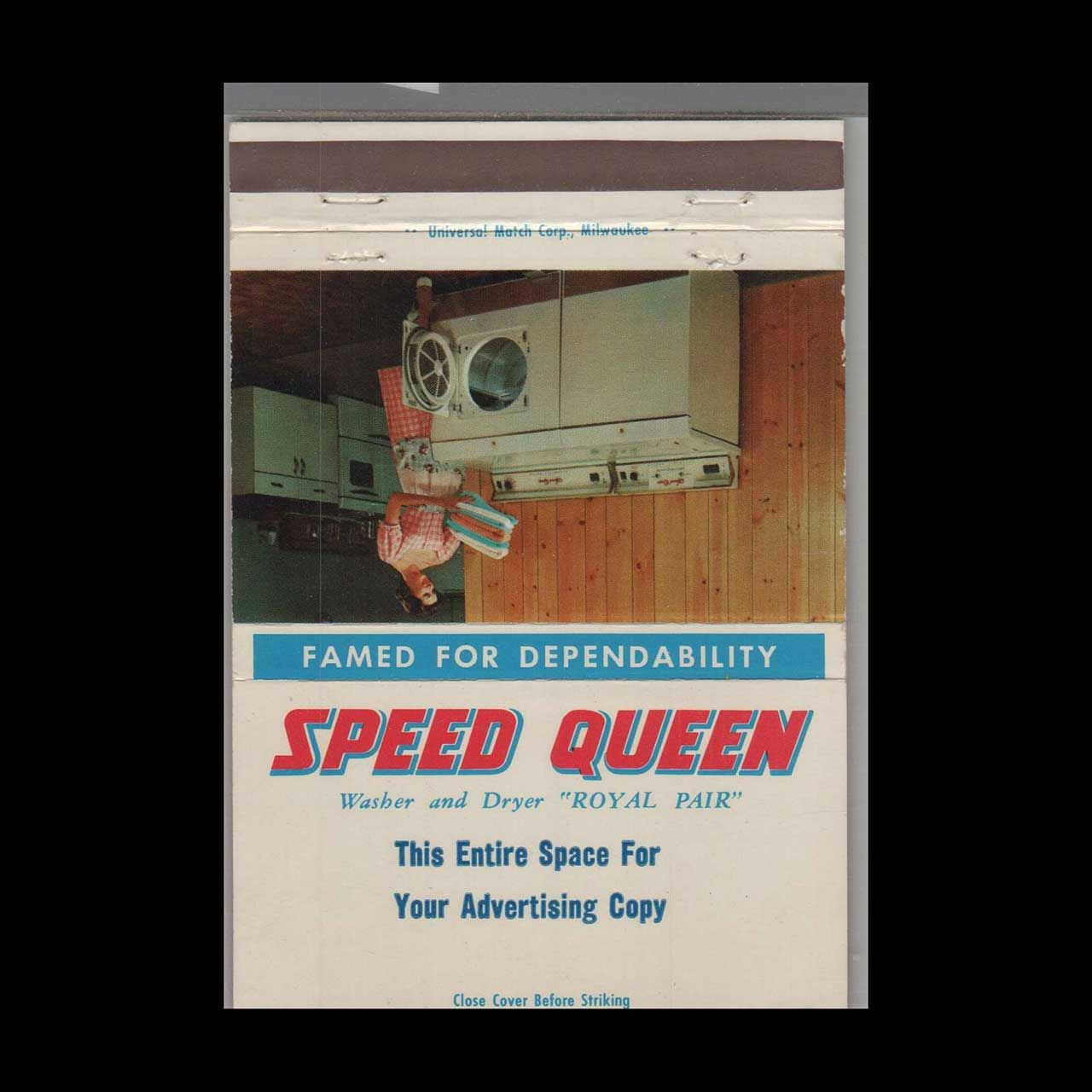 Speed Queen Washer &amp; Dryer Famed For Dependability Vintage Matchbook Advertising Cover