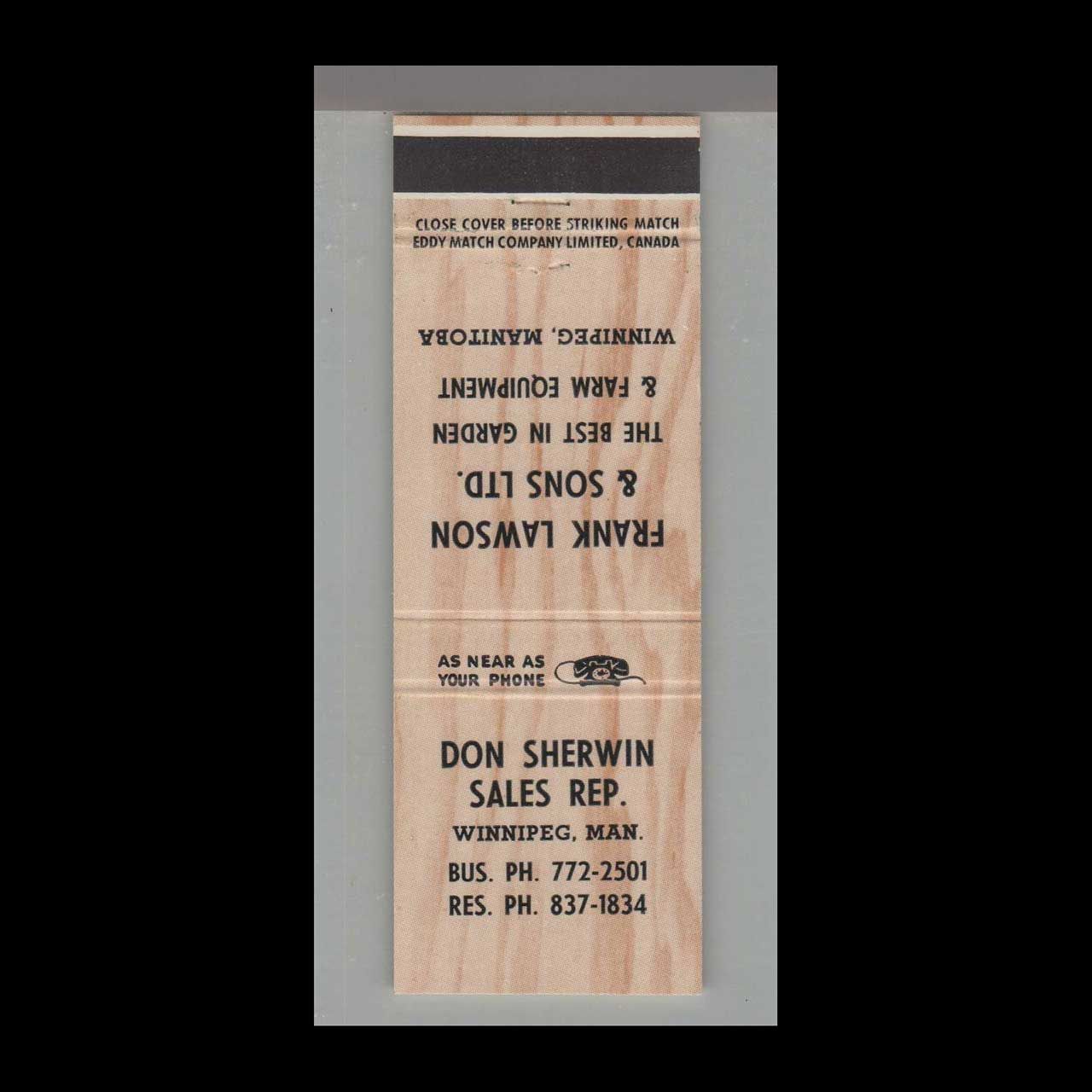 Don Sherwin Sales Rep Winnipeg, Manitoba Canad Vintage Matchbook Advertising Cover
