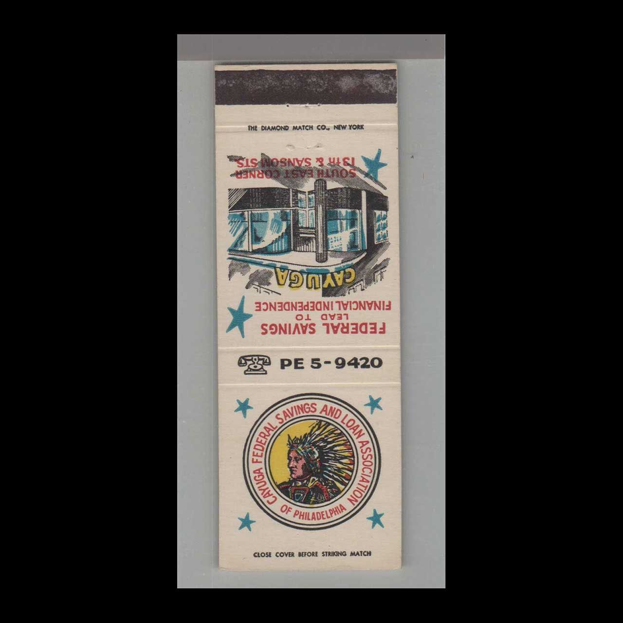 Cayuga Federal Savings &amp; Loan Association Phil Vintage Matchbook Advertising Cover