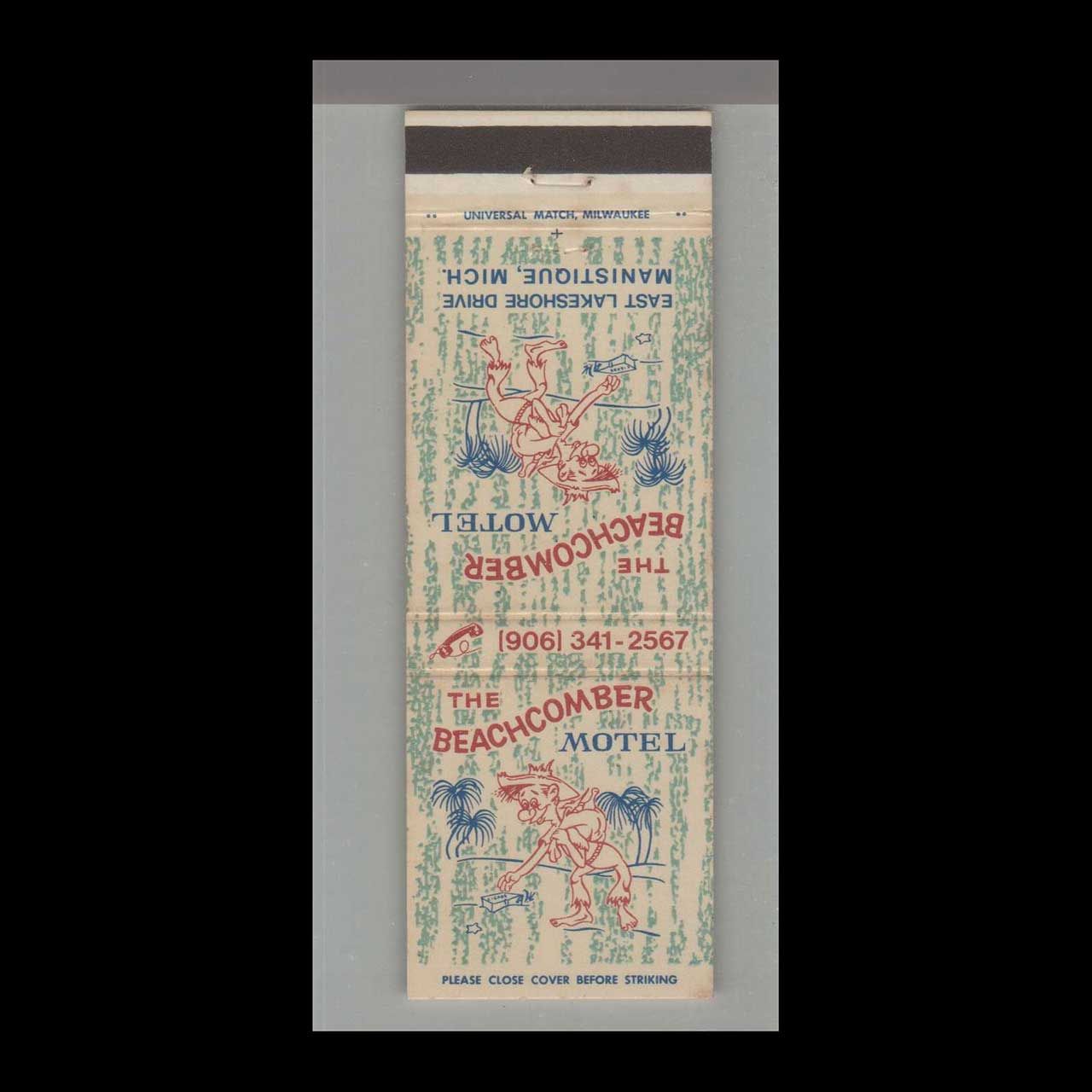 Telephone Pic - The Beachcomber Motel Manistique, MI Vintage Matchbook Advertising Cover
