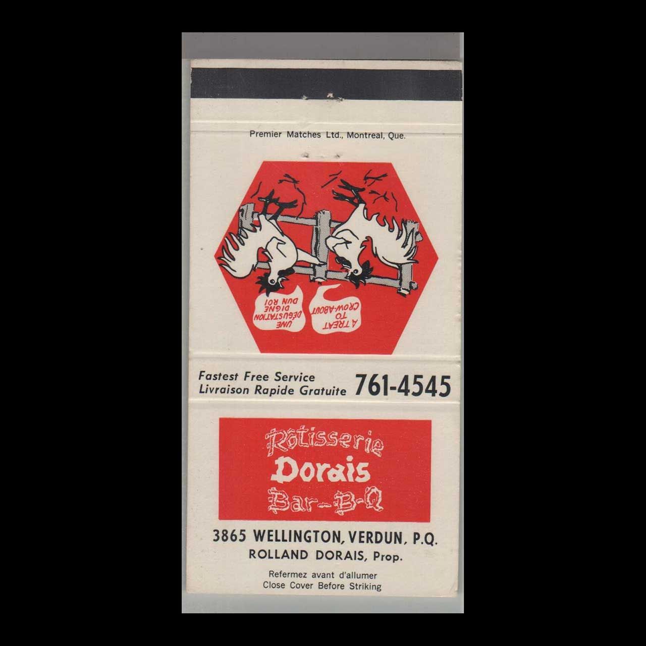 Rooster - Rotisserie Dorais Bar-B-Q Wellington, Verdun, PQ Vintage Matchbook Advertising Cover
