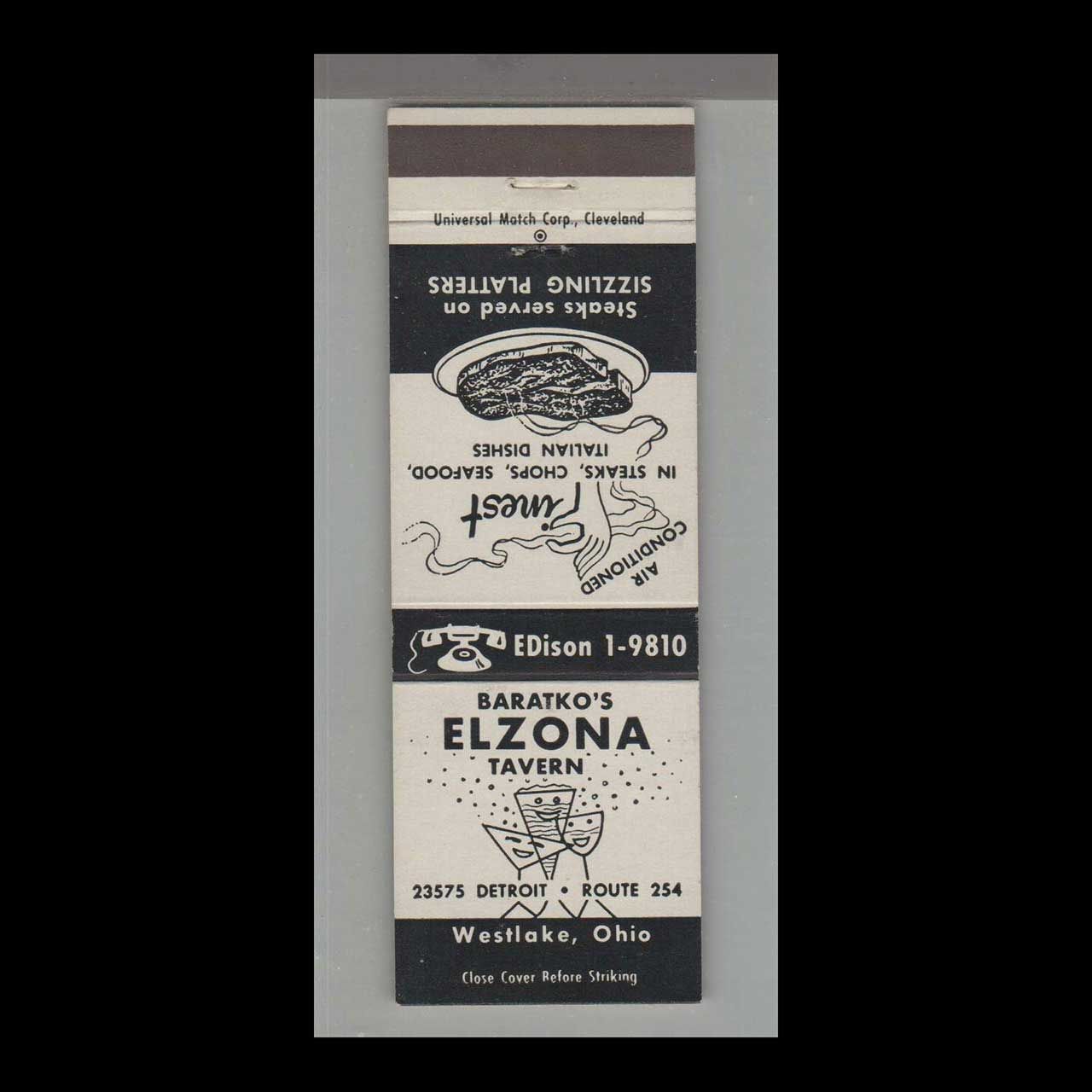 Telephone Pic - Baratko&#39;s Elzona Tavern Westlake, OH Vintage Matchbook Advertising Cover