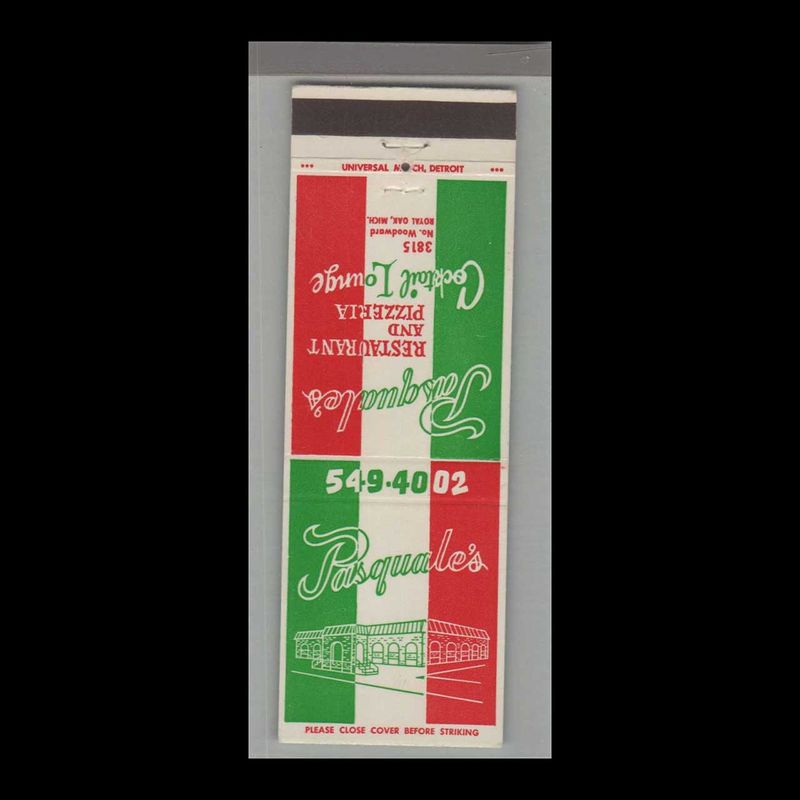 Pizza Place - Pasquale&#39;s Restaurant &amp; Pizzeria Royal Oak, MI Vintage Matchbook Advertising Cover