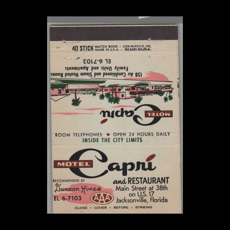 Motel Capri Jacksonville, FL Vintage Matchbook Advertising Cover