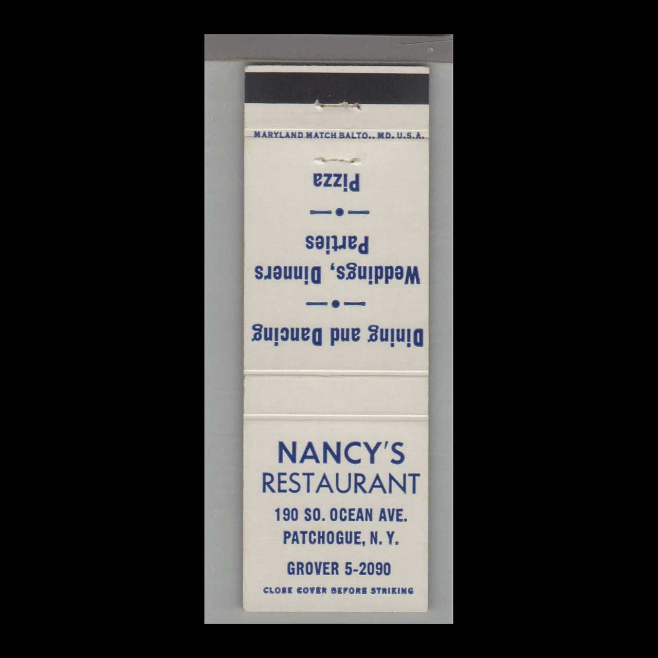 Pizza Place - Nancy&#39;s Restaurant Patchogue, NY Vintage Matchbook Advertising Cover