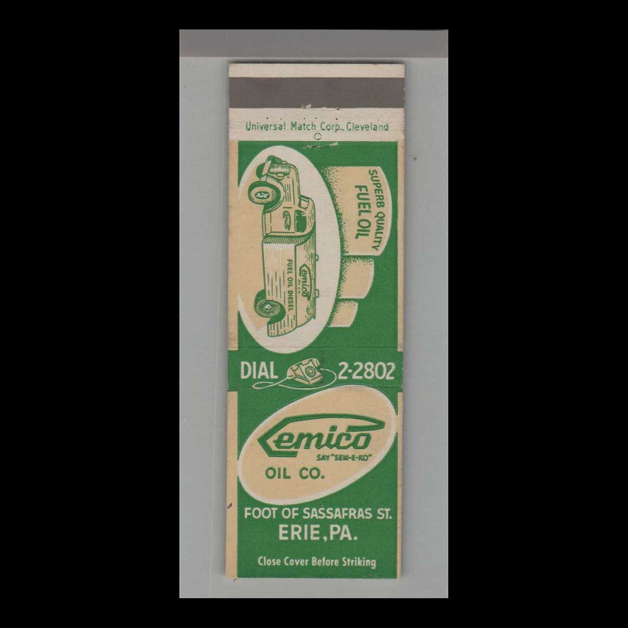 Demico Oil Co. Erie, PA Oil Delivery Truck Vintage Matchbook Advertising Cover