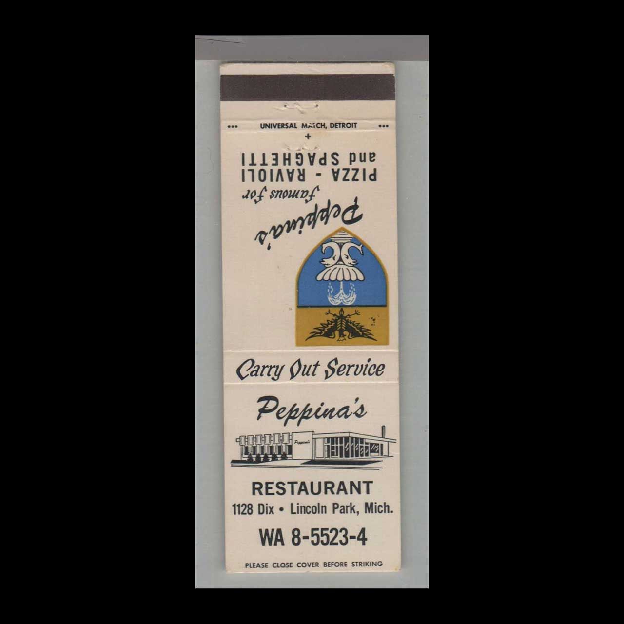 Pizza Place - Peppina&#39;s Restaurant Lincoln Park, MI Vintage Matchbook Advertising Cover