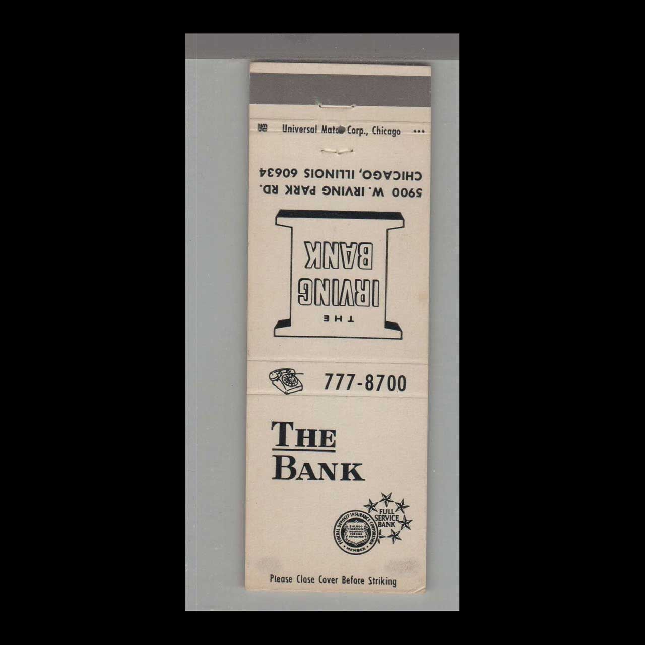 Telephone Pic - The Irving Bank Chicago, IL Vintage Matchbook Advertising Cover