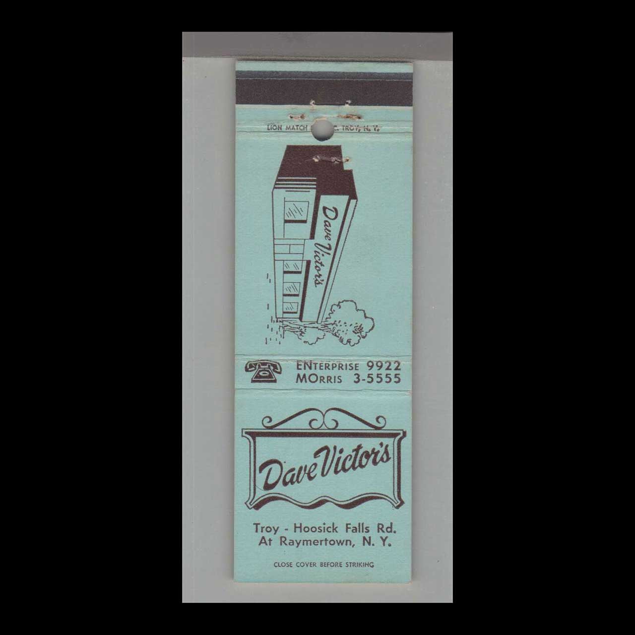 Dave Victor&#39;s Restaurant Raymertown, NY Vintage Matchbook Advertising Cover