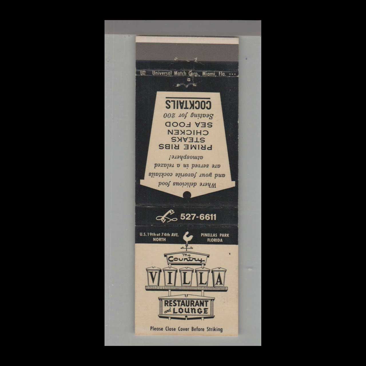 Villa Restaurant and Lounge Pinellas Park, FL Vintage Matchbook Advertising Cover