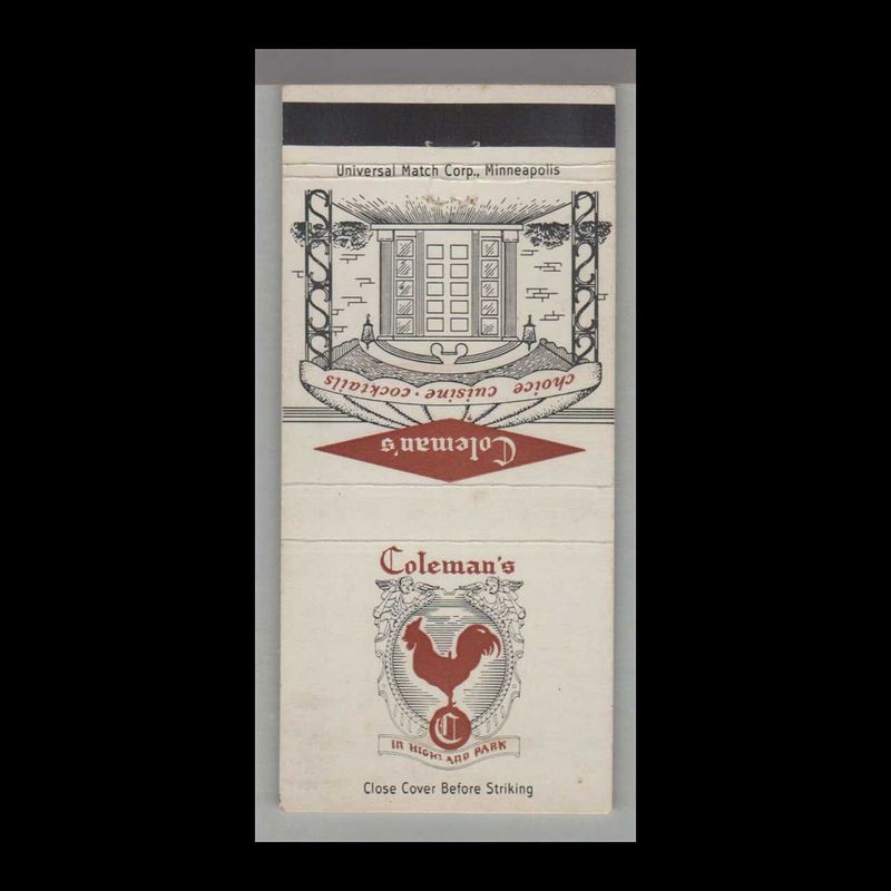 Rooster - Coleman&#39;s Restaurant St. Paul, MN Vintage Matchbook Advertising Cover