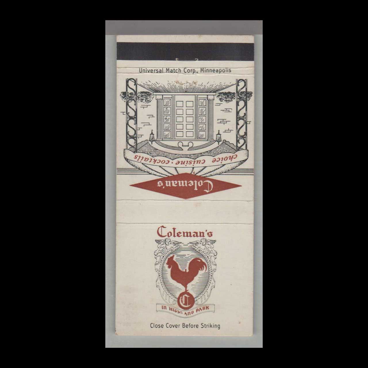 Rooster - Coleman&#39;s Restaurant St. Paul, MN Vintage Matchbook Advertising Cover