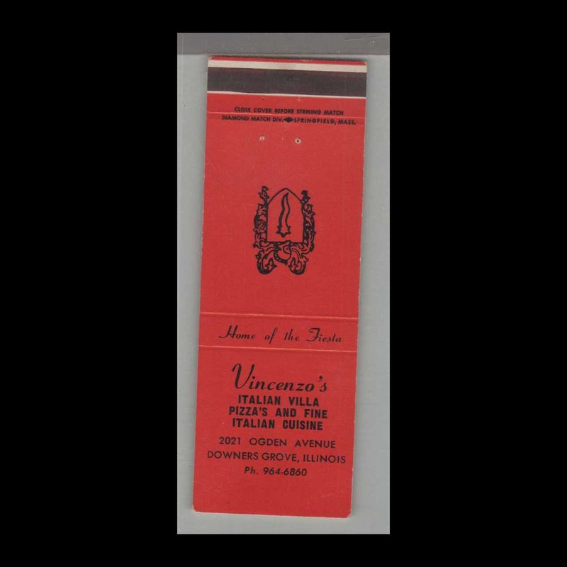 Pizza Place - Vincenzo&#39;s Italian Villa Downers Grove, IL Vintage Matchbook Advertising Cover
