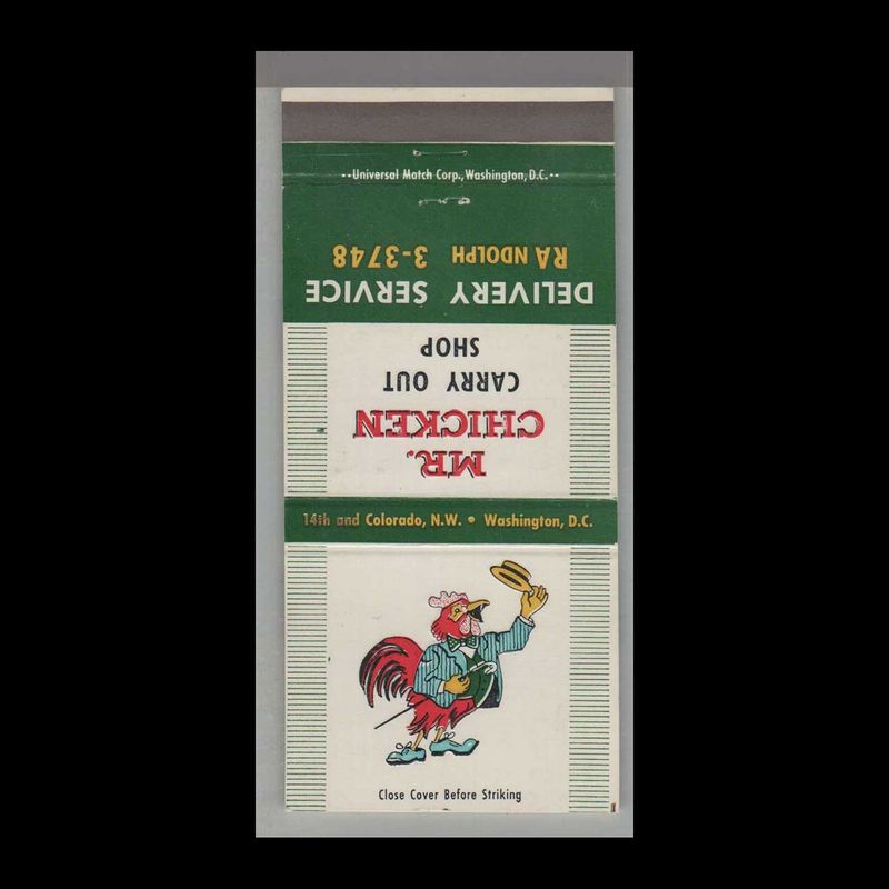 Rooster - Mr. Chicken Carry Out Shop Washington, DC Vintage Matchbook Advertising Cover