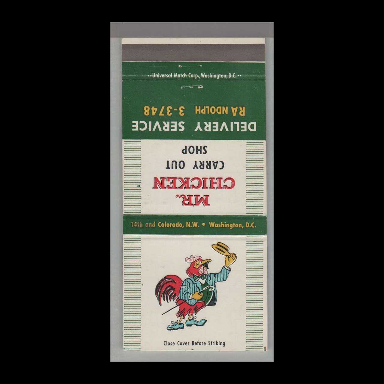 Rooster - Mr. Chicken Carry Out Shop Washington, DC Vintage Matchbook Advertising Cover