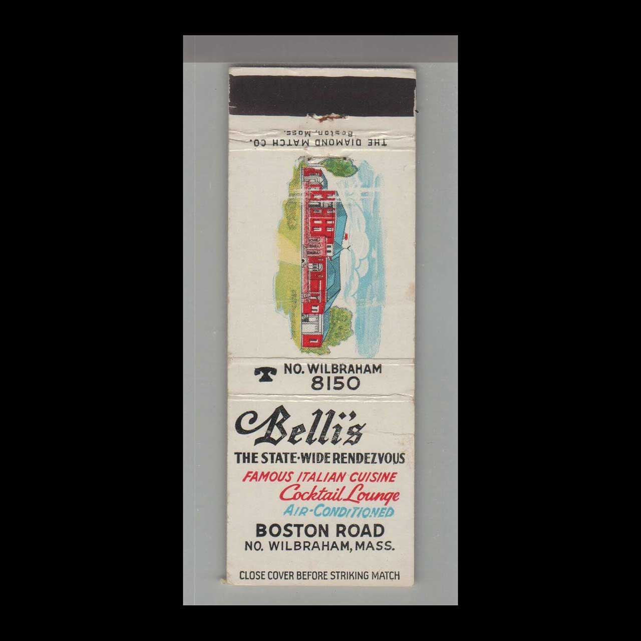 Telephone Pic - Belli&#39;s Italian Restaurant North Wilbraham, MA Vintage Matchbook Advertising Cover