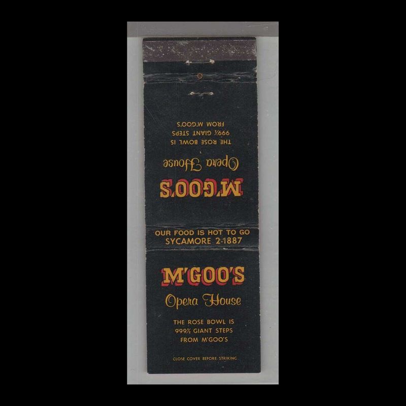 Pizza Place - M&#39;Goo&#39;s Flaming Pizza Rose Bowl Pasadena, CA Vintage Matchbook Advertising Cover