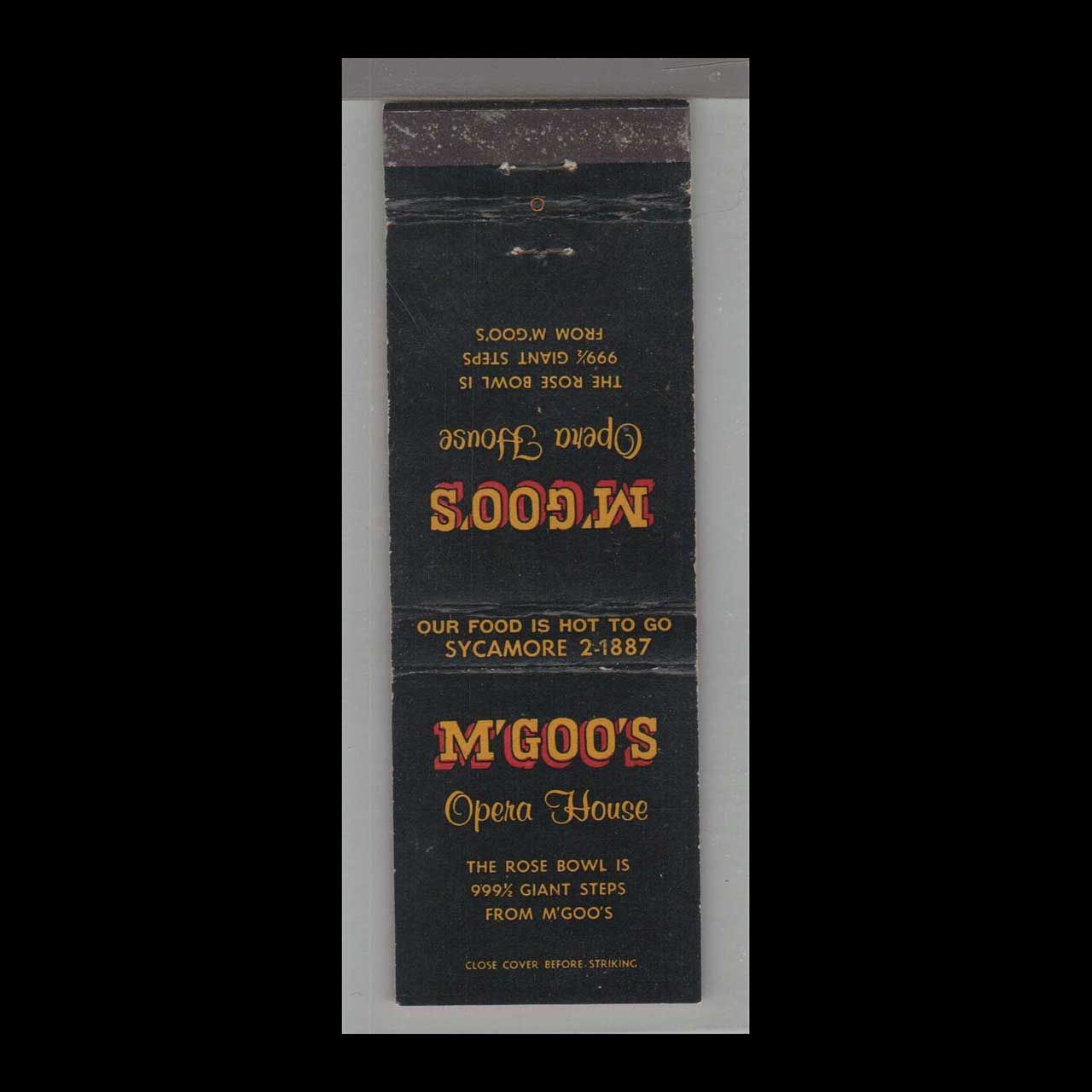 Pizza Place - M&#39;Goo&#39;s Flaming Pizza Rose Bowl Pasadena, CA Vintage Matchbook Advertising Cover