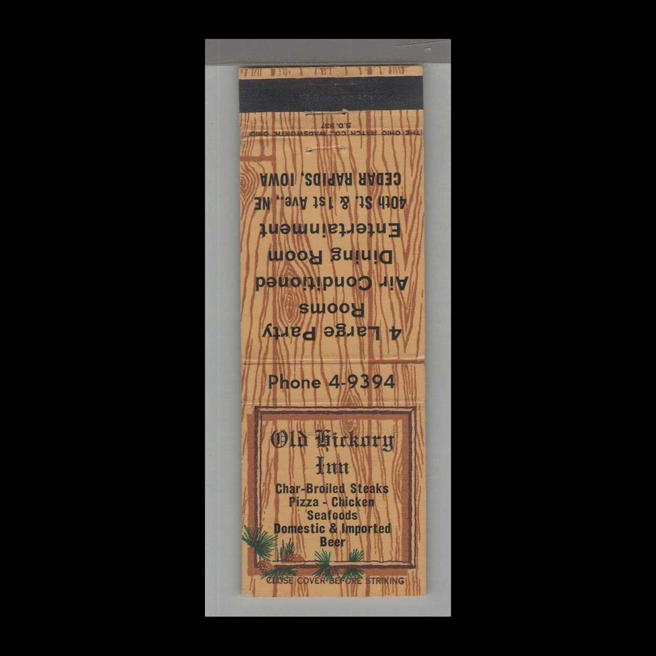 Pizza Place - Old Hickory Inn Cedar Rapids, IA Vintage Matchbook Advertising Cover