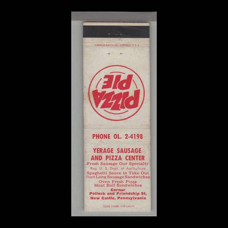 Pizza Place - Yerage Sausage &amp; Pizza Center New Castle, PA Vintage Matchbook Advertising Cover