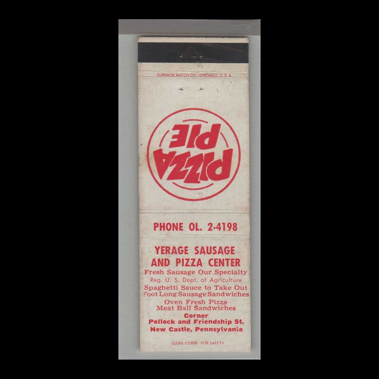 Pizza Place - Yerage Sausage &amp; Pizza Center New Castle, PA Vintage Matchbook Advertising Cover
