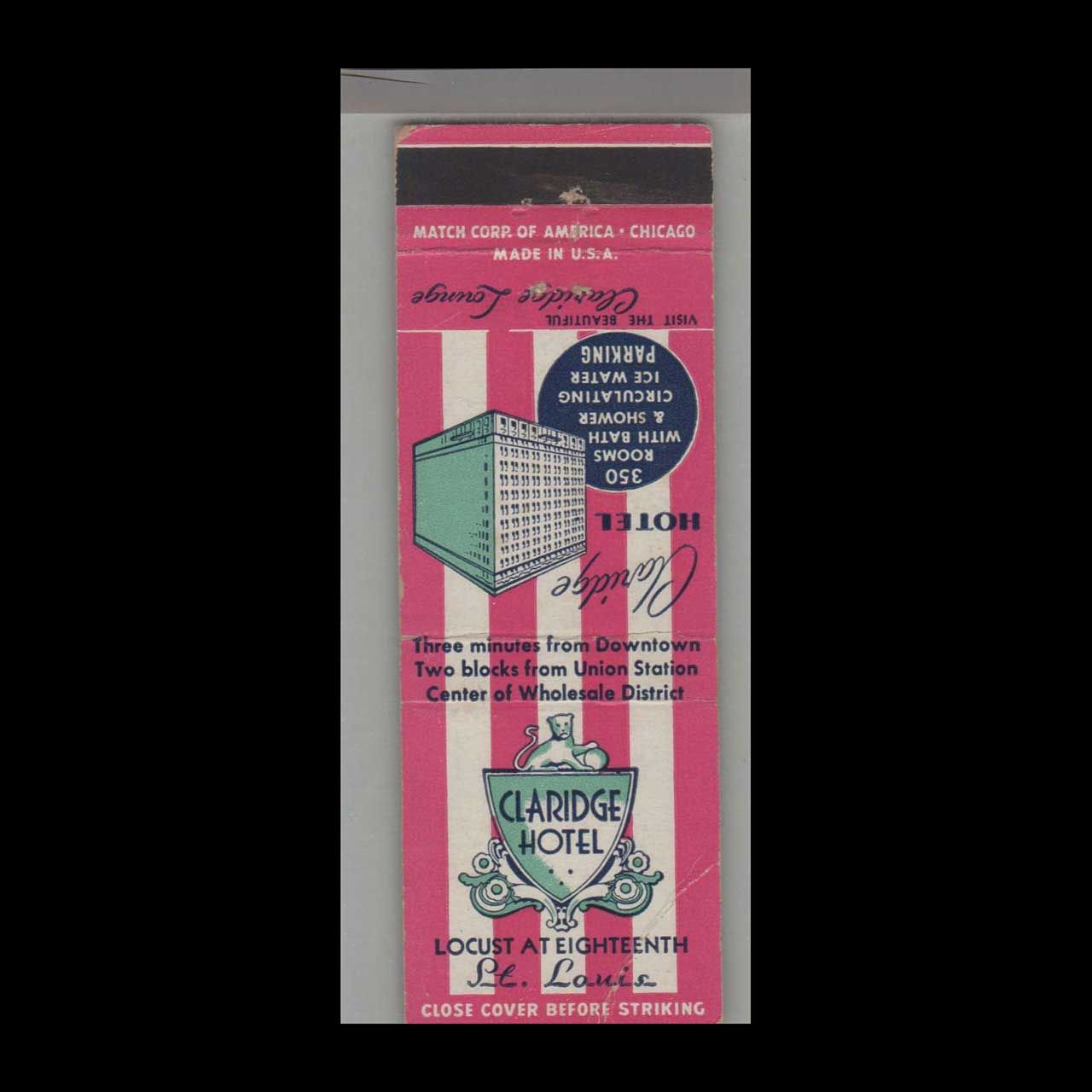 Claridge Hotel St. Louis, MO Vintage Matchbook Advertising Cover