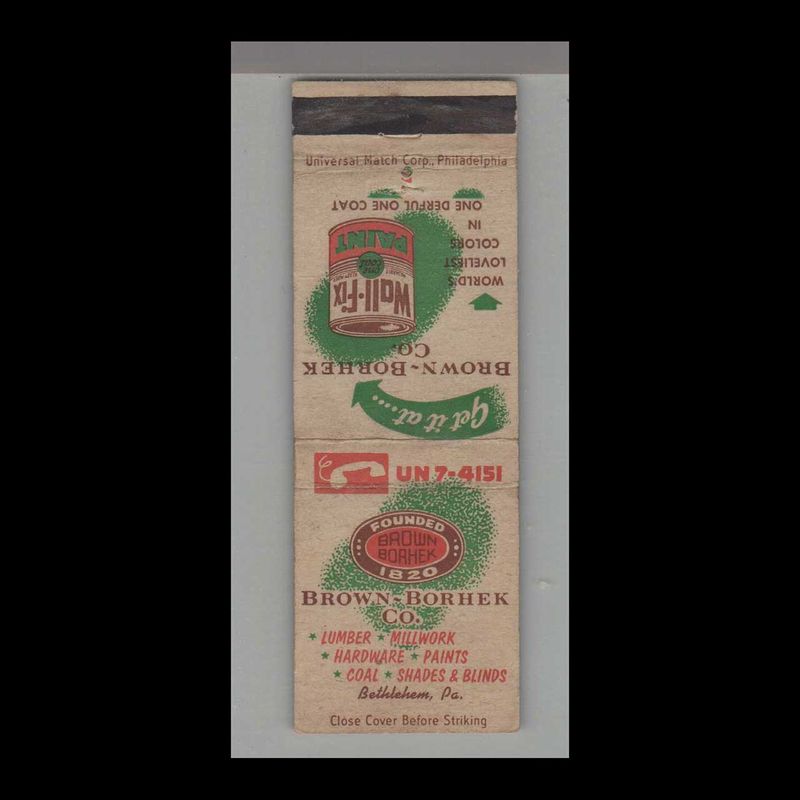 Brown-Borhek Co Lumber Bethlehem, PA Vintage Matchbook Advertising Cover