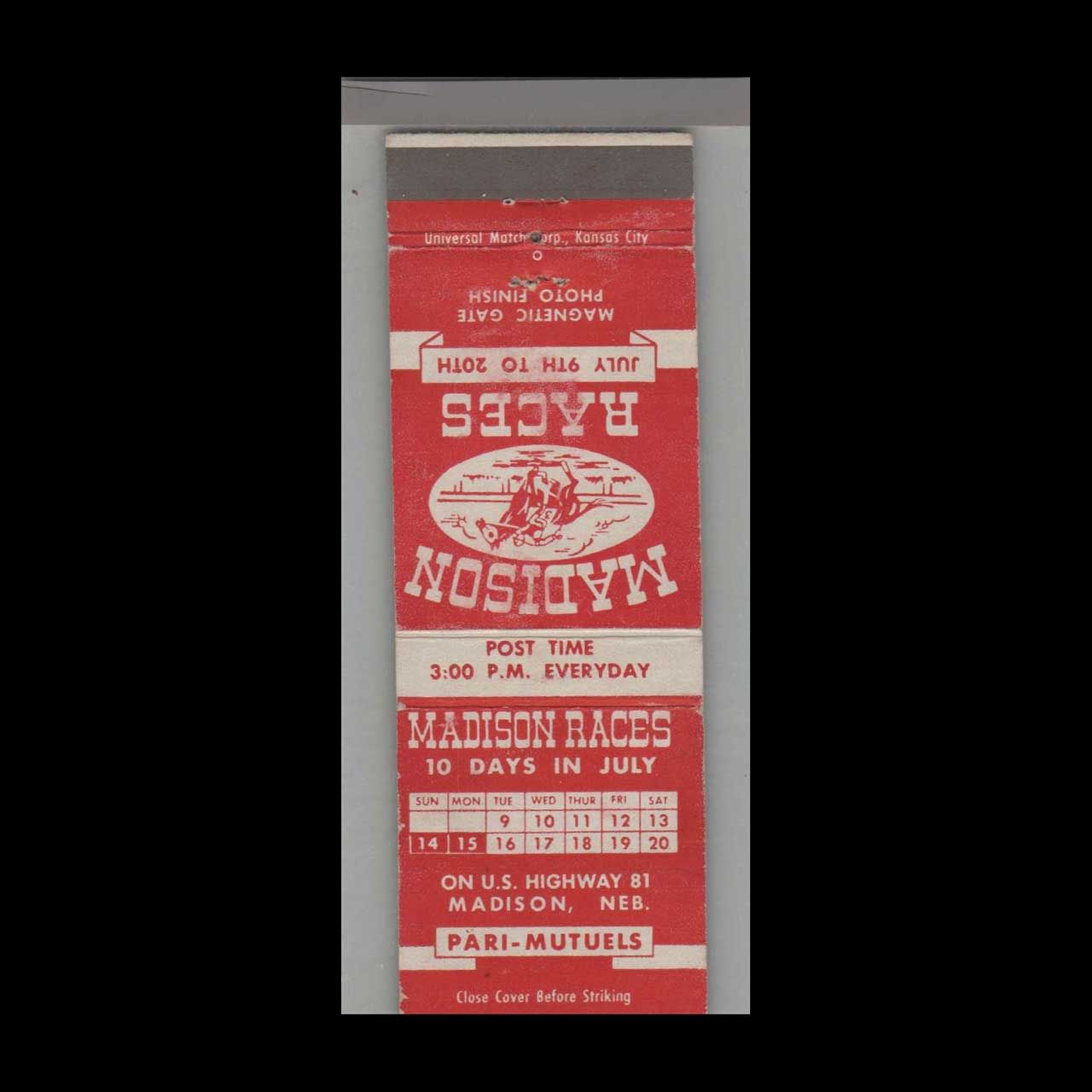 Horse Racing - Madison Races Madison, NE Vintage Matchbook Advertising Cover