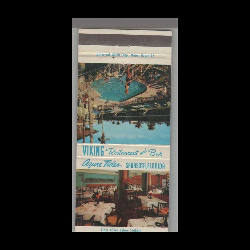 Viking Restaurant &amp; Bar Azure Tides Sarasota, FL Vintage Matchbook Advertising Cover