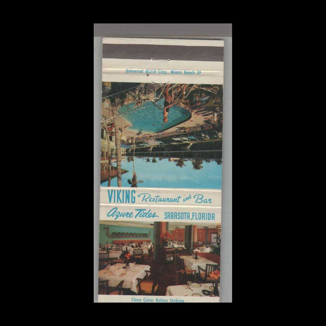Viking Restaurant &amp; Bar Azure Tides Sarasota, FL Vintage Matchbook Advertising Cover