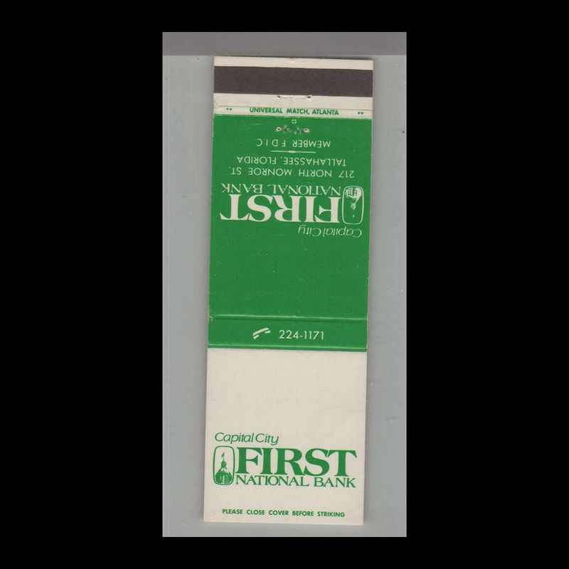 Capital City First National Bank Tallahassee, Vintage Matchbook Advertising Cover