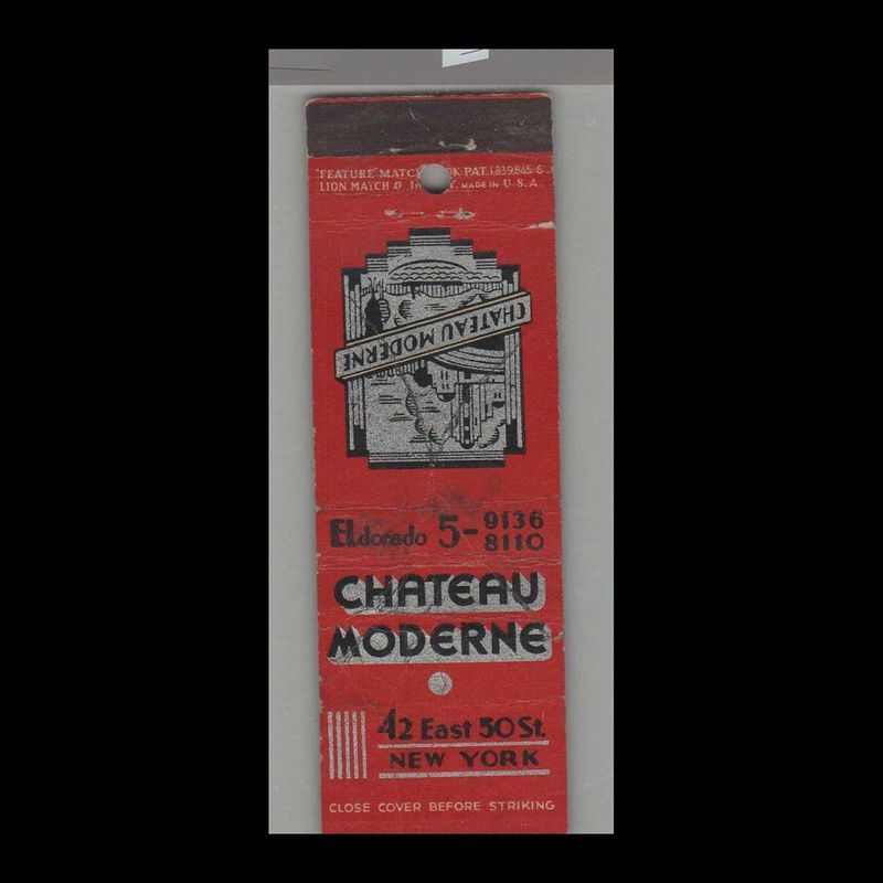 Chateau Moderne New York, NY Vintage Matchbook Advertising Cover