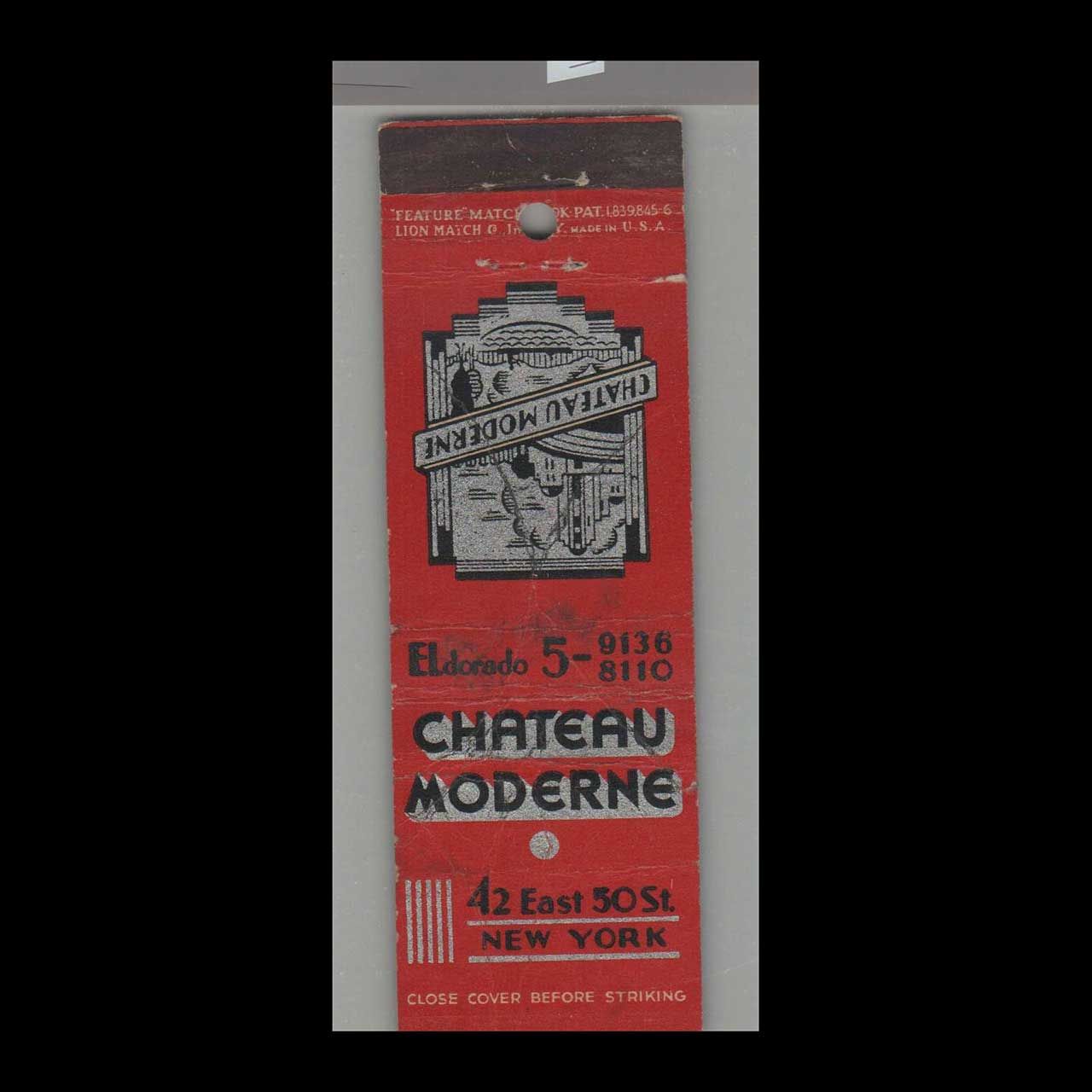 Chateau Moderne New York, NY Vintage Matchbook Advertising Cover