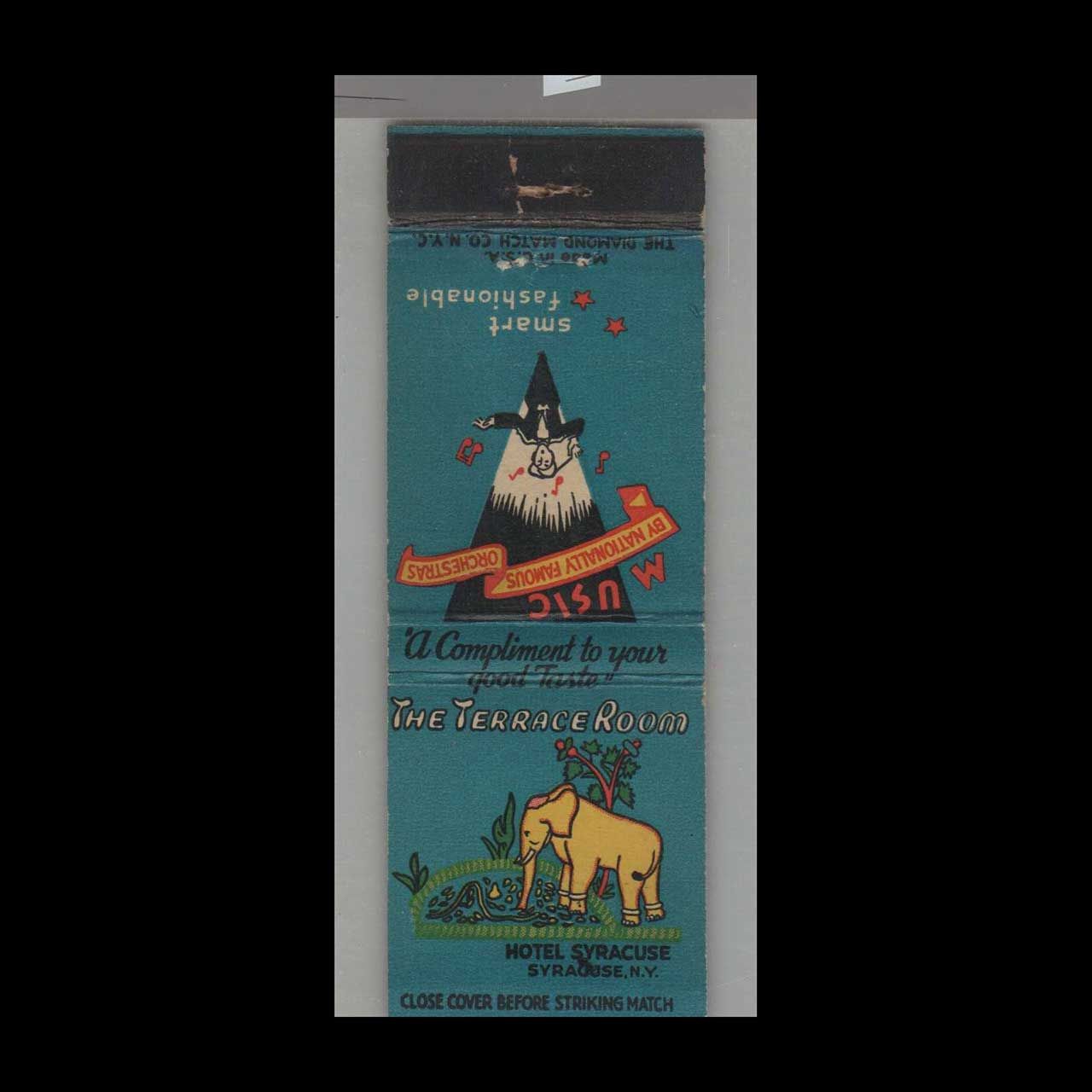 Elephant - Hotel Syracuse Terrace Room Syracuse, NY Vintage Matchbook Advertising Cover