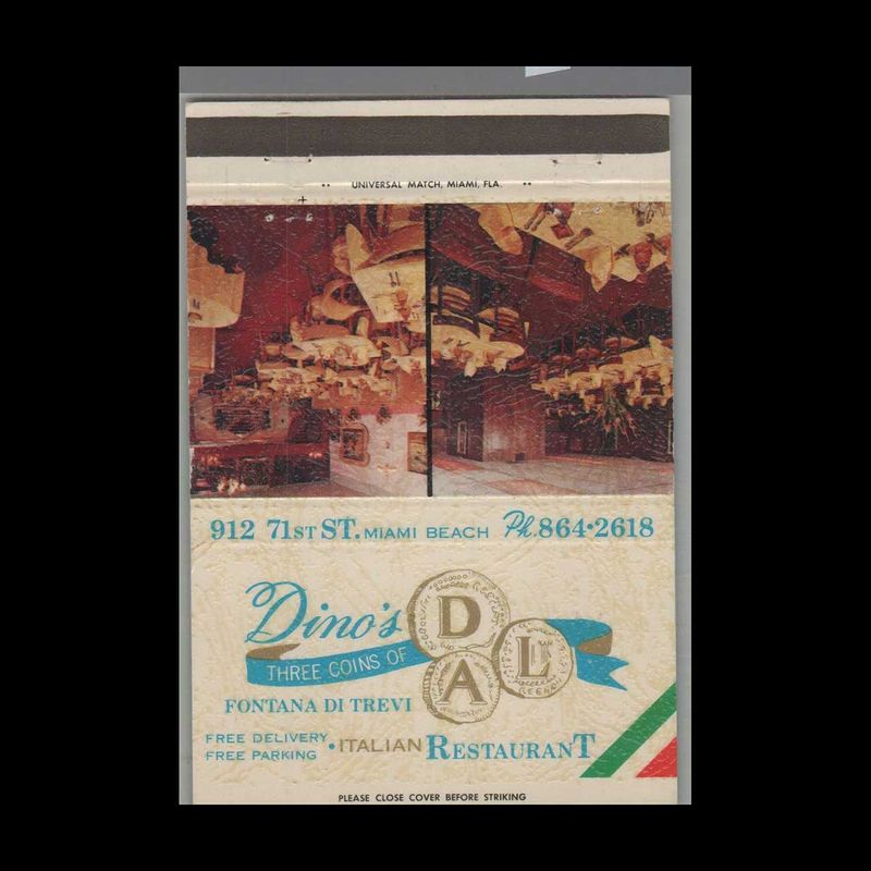 Dino&#39;s Italian Restaurant Miami Beach, FL Vintage Matchbook Advertising Cover