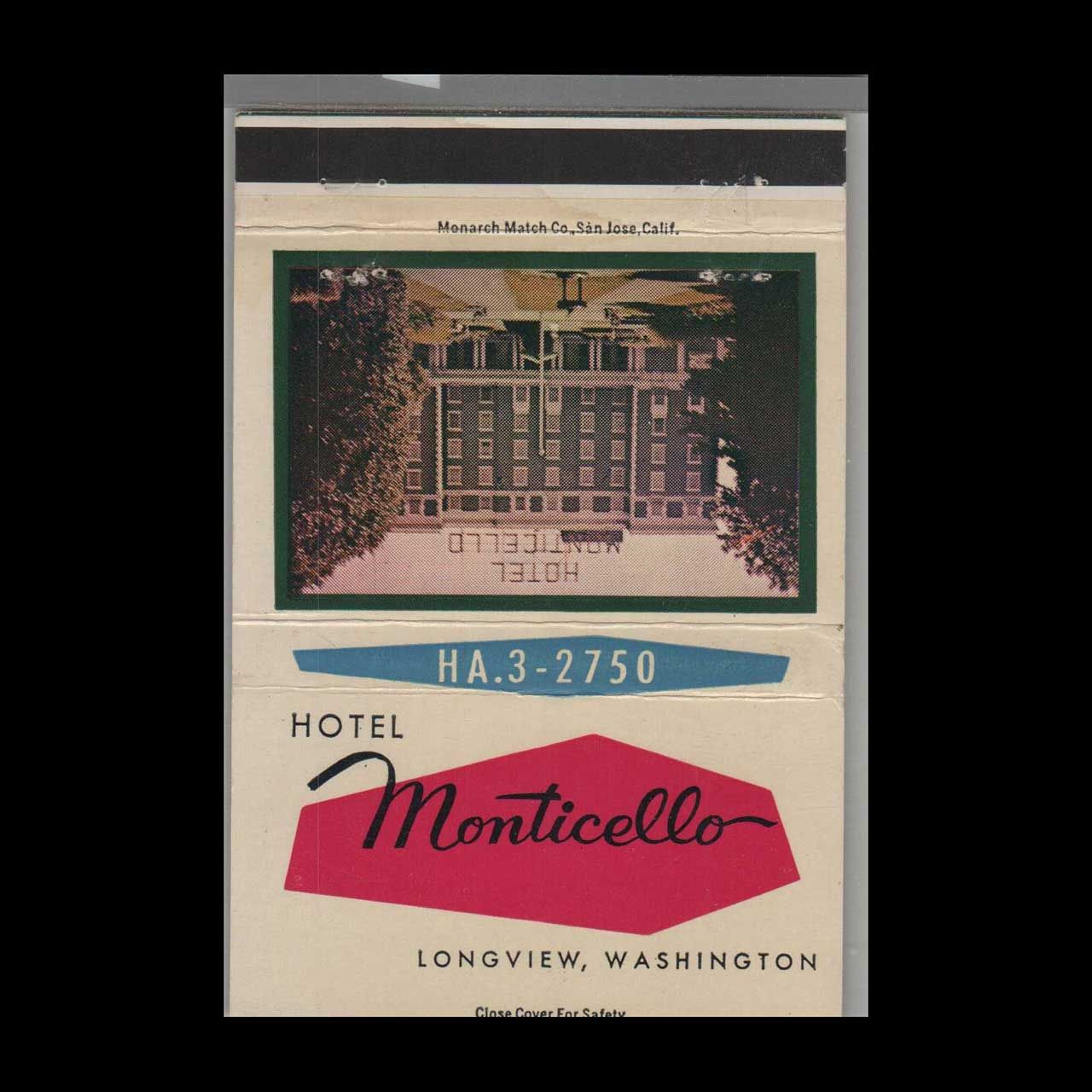 Hotel Monticello Longview, WA Vintage Matchbook Advertising Cover