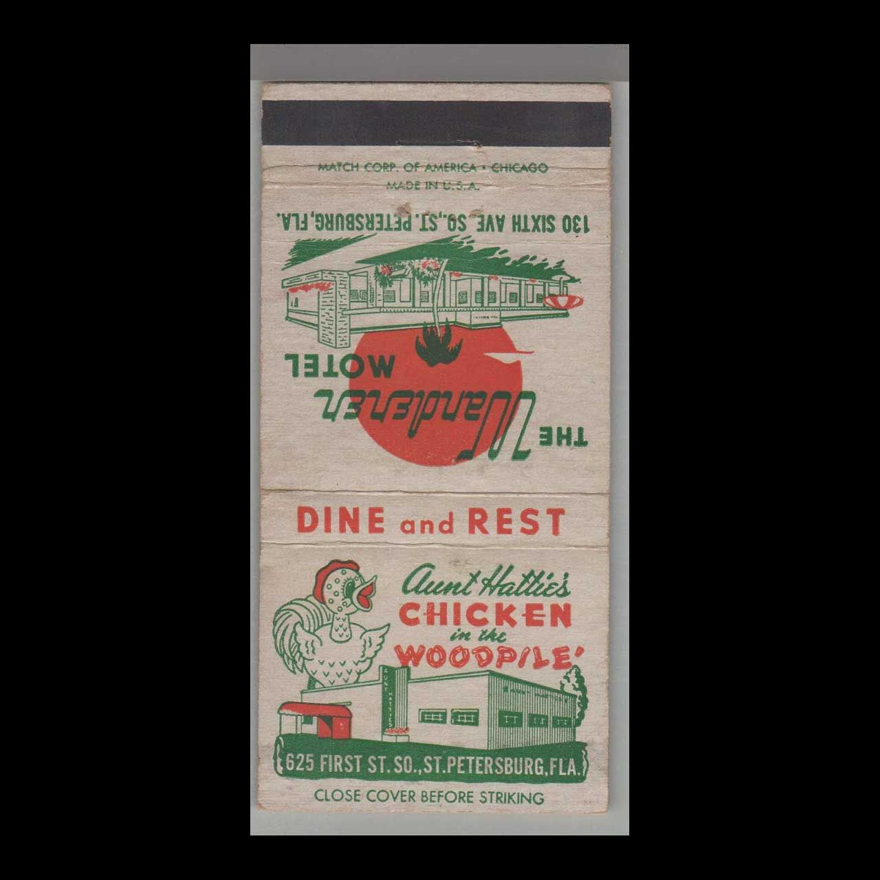 Rooster - Aunt Hatties Chicken In The Woodpile St Petersburg F Vintage Matchbook Advertising Cover