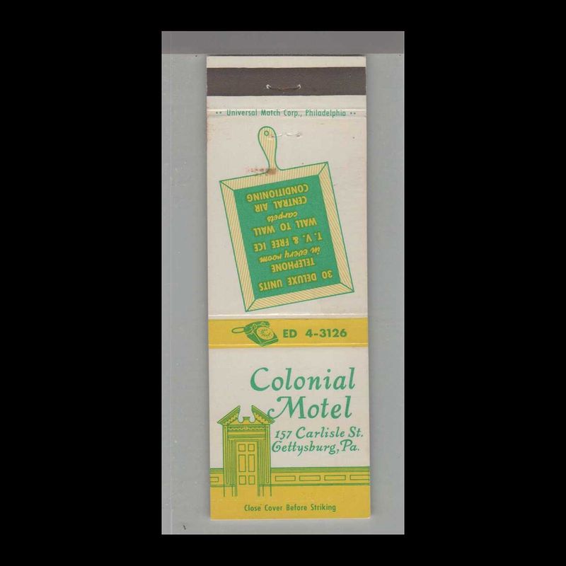 Colonial Motel Gettysburg, PA Vintage Matchbook Advertising Cover