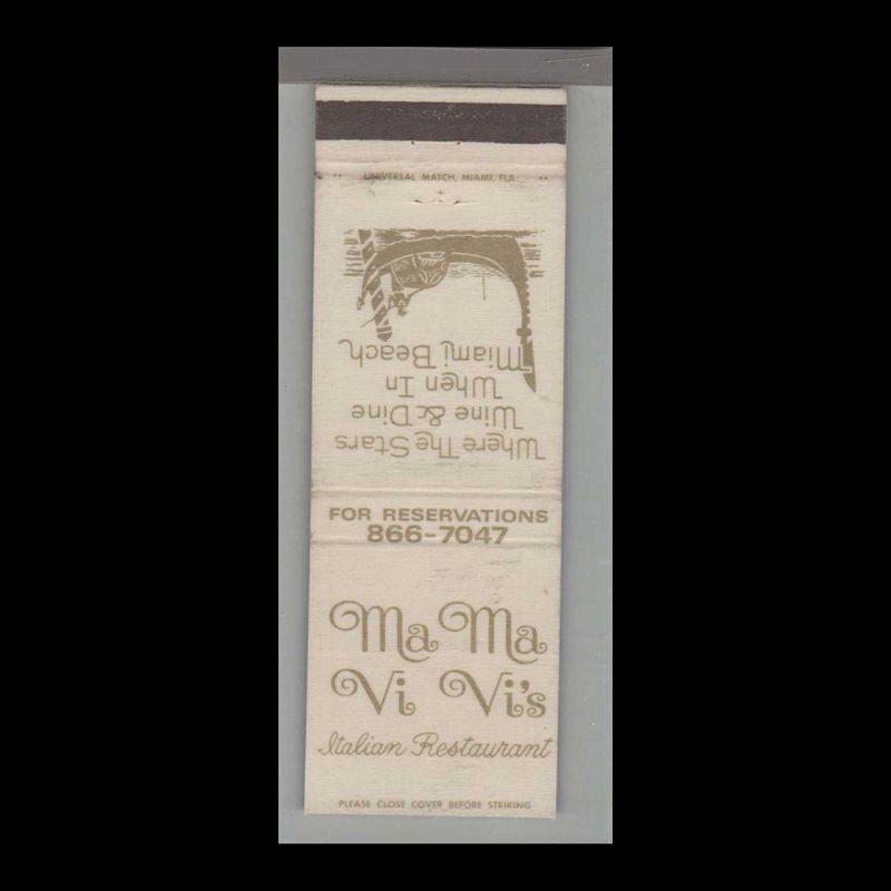 Pizza Place - MaMa Vi Vi&#39;s Italian Restaurant Miami Beach, FL Vintage Matchbook Advertising Cover