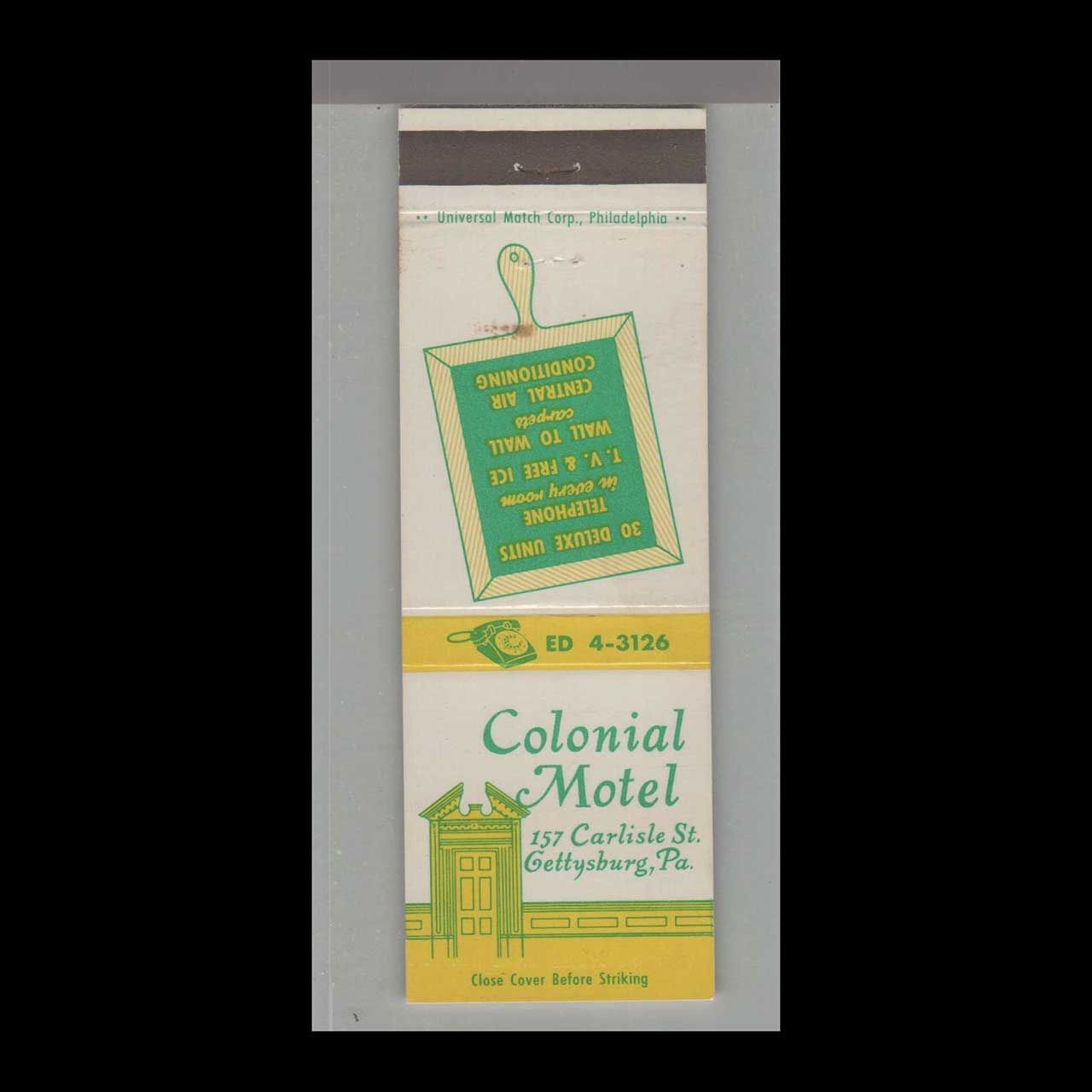 Colonial Motel Gettysburg, PA Vintage Matchbook Advertising Cover