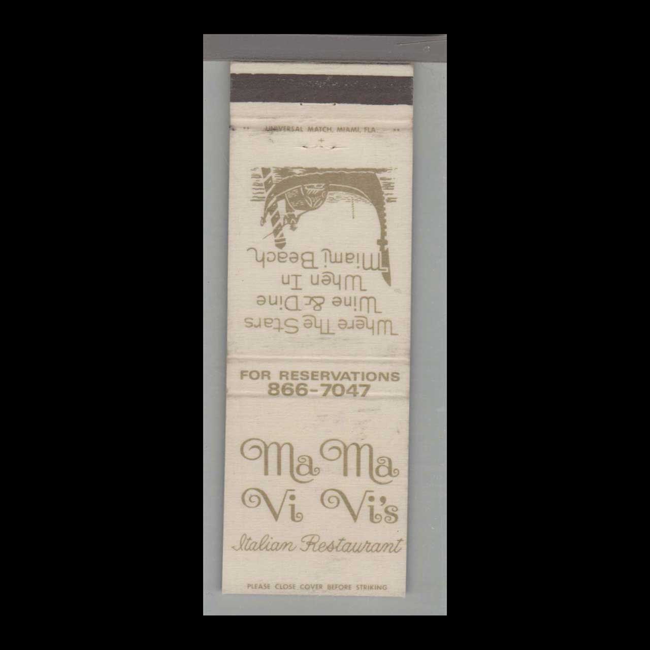 Pizza Place - MaMa Vi Vi&#39;s Italian Restaurant Miami Beach, FL Vintage Matchbook Advertising Cover