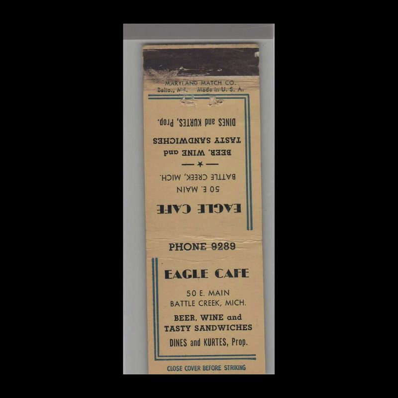 Eagle  Café Battle Creek, MI Vintage Matchbook Advertising Cover