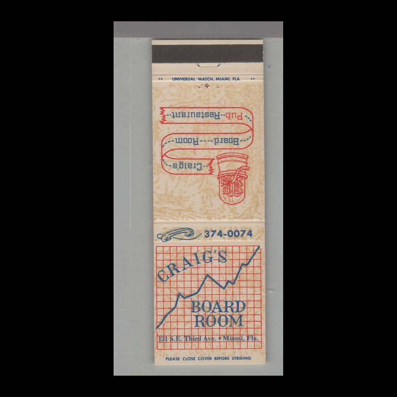 Craig&#39;s Board Room Restaurant Miami, FL Vintage Matchbook Advertising Cover