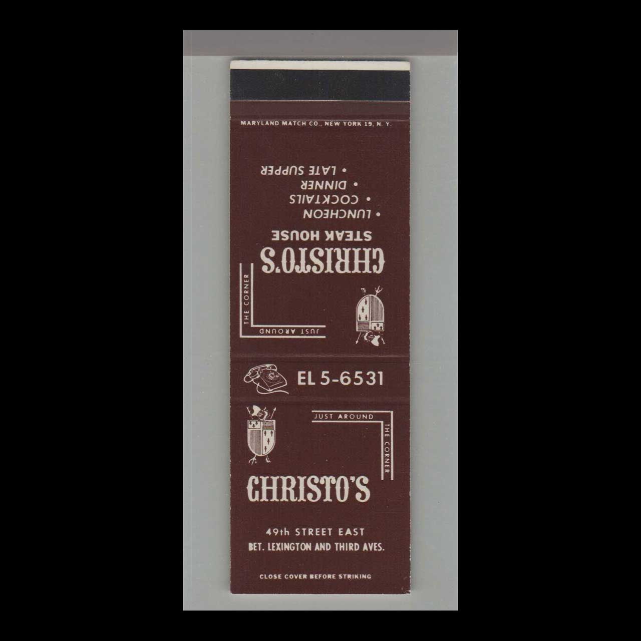 Christo&#39;s Restaurant 49th St. East Vintage Matchbook Advertising Cover
