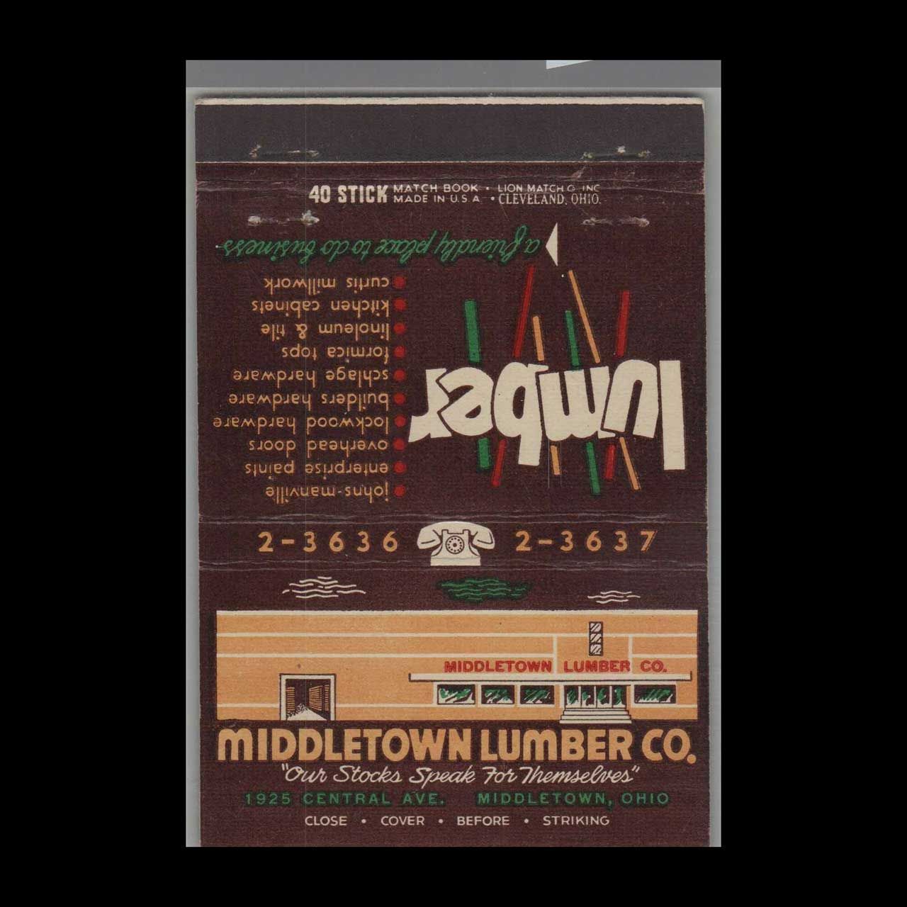 Middletown Lumber Co. Middletown, OH Vintage Matchbook Advertising Cover