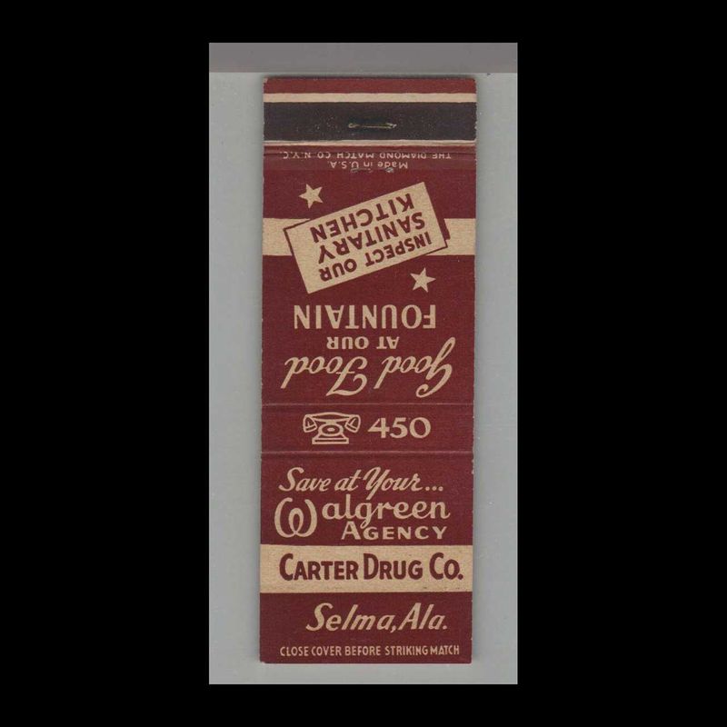 Carter Drug Co. Walgreen Agency Selma, AL Vintage Matchbook Advertising Cover