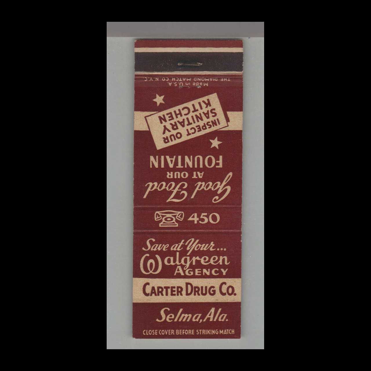 Carter Drug Co. Walgreen Agency Selma, AL Vintage Matchbook Advertising Cover